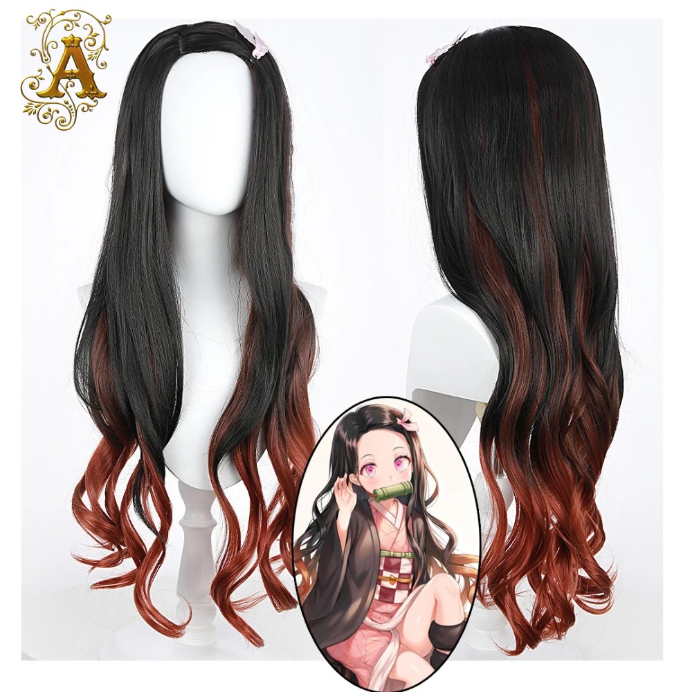 Anime Cosplay Long Black Hair - 블랙 다크 레드 그라데이션 컬러 곱슬머리