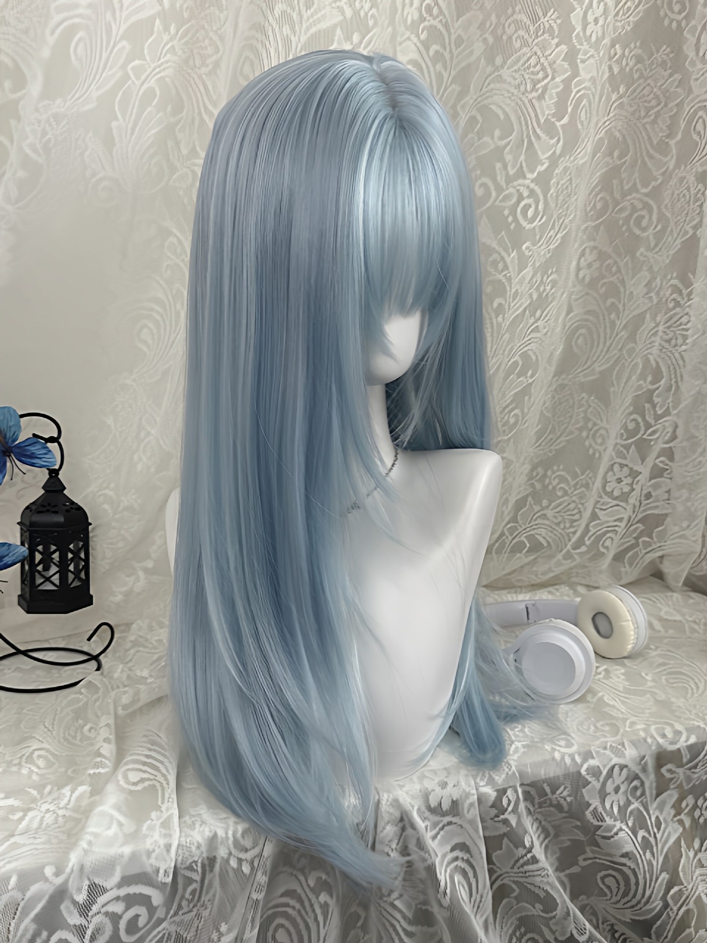 파스텔 라이트 블루 롱 스트레이트 가발 (두꺼운 앞머리 - Anime Cosplay Thick 리뷰 및 가격