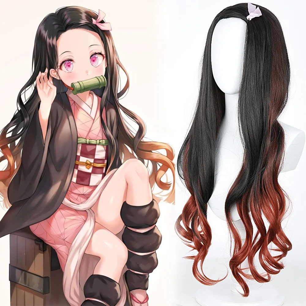 블랙 다크 레드 그라데이션 컬러 곱슬머리 긴머리 네즈코 - Anime Cosplay Long Black Hair 리뷰 및 가격